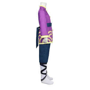 Side view of Kung Fu Peach costume on mannequin, showcasing purple jacket, blue pants, and black - white leg wraps.