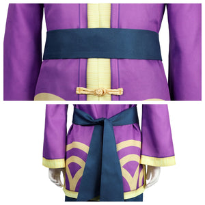 Details of the Kung Fu Peach costume’s top belt, featuring dark blue sash, shown from front and back with purple top and golden patterns.