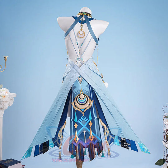 Reveals the back cross - strap structure, layered blue panels, and decorative pendants. Adds an elegant touch to the cosplay.