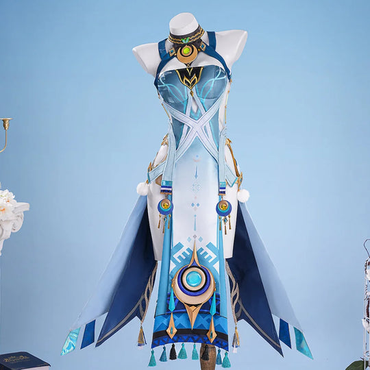 Displays the complete front look—strapless blue - white dress, gold accents, and unique chest decor. Ideal for elaborate cosplay events.