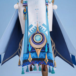 Showcases the elaborate skirt of Lauma’s cosplay—blue - white gradient, geometric patterns, and hanging tassels. Perfect for fantasy - themed roles.