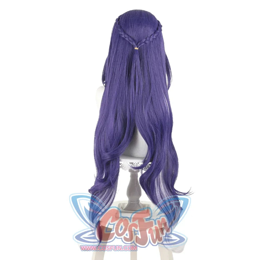Back view of the Lauma cosplay wig, showcasing the long purple waves, gradient ends, and braided top detail.