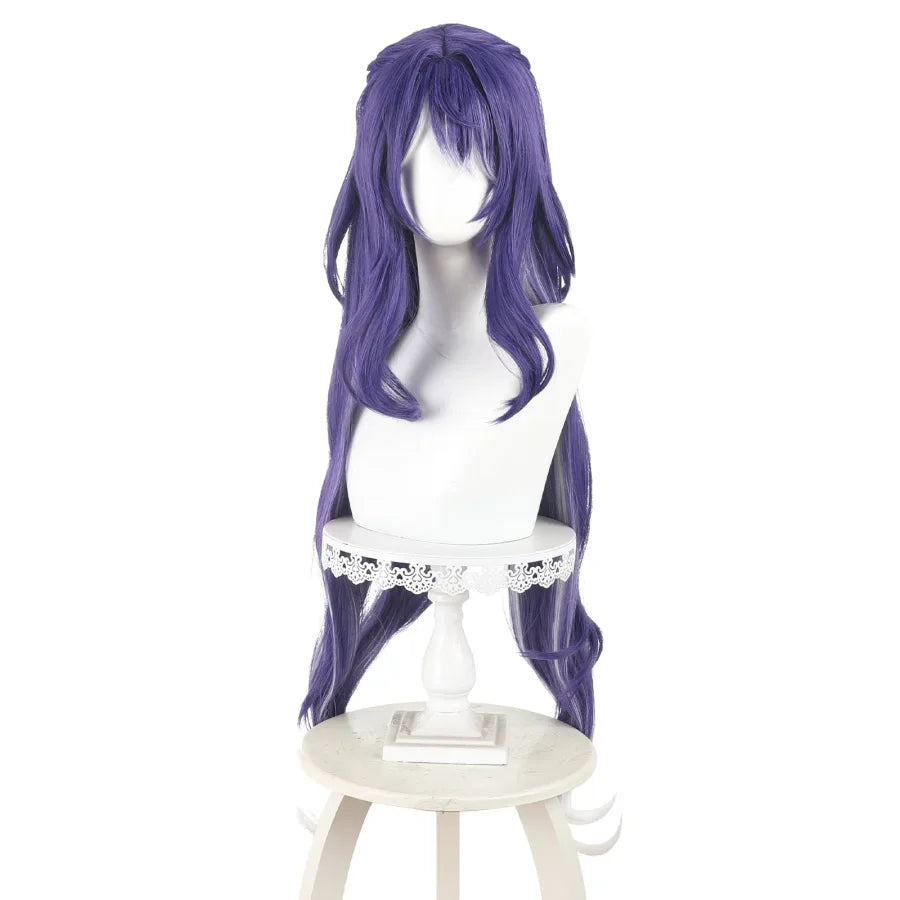 A mannequin head displays the Lauma cosplay wig, featuring long purple waves with a styled front, placed on a white lace - trimmed stand.