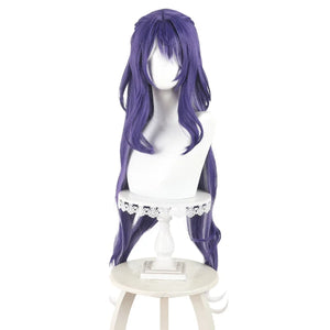 A mannequin head displays the Lauma cosplay wig, featuring long purple waves with a styled front, placed on a white lace - trimmed stand.
