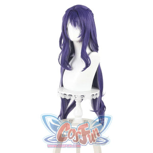 Side perspective of the Lauma cosplay wig on a mannequin, showcasing the flowing purple waves and layered design.