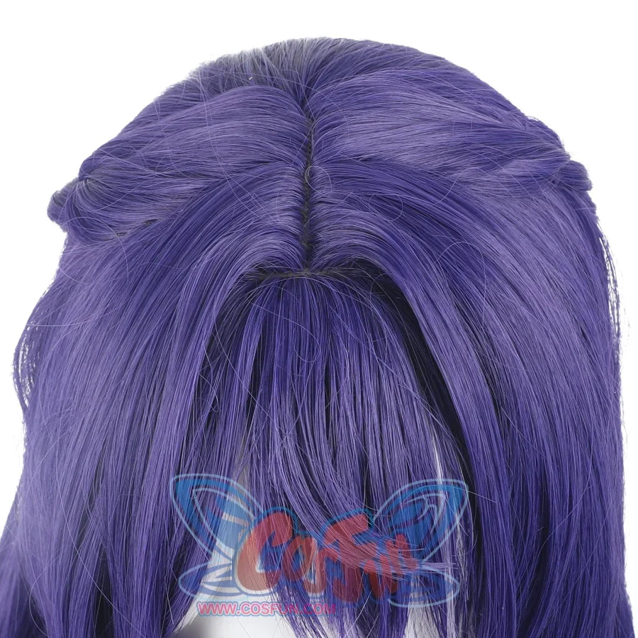 Top view of the Lauma cosplay wig, highlighting the parting and smooth purple strands.