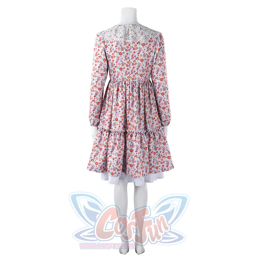 Laura cosplay floral dress back view showing lace collar detail and long balloon sleeves.