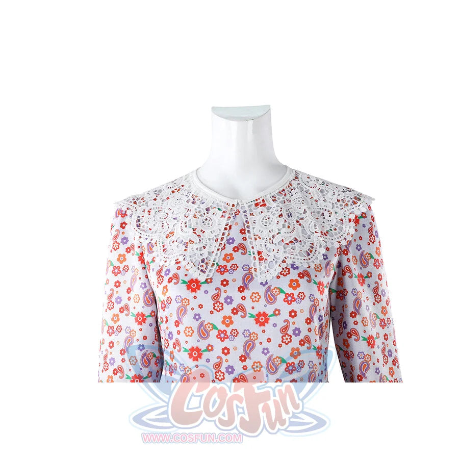 Laura cosplay dress close-up of white lace collar and floral print bodice with long sleeves.