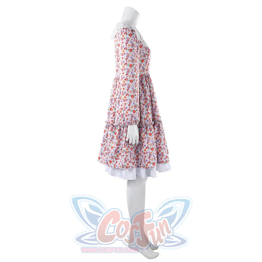 Laura cosplay floral dress side profile highlighting long sleeve and tiered ruffle hem detail.