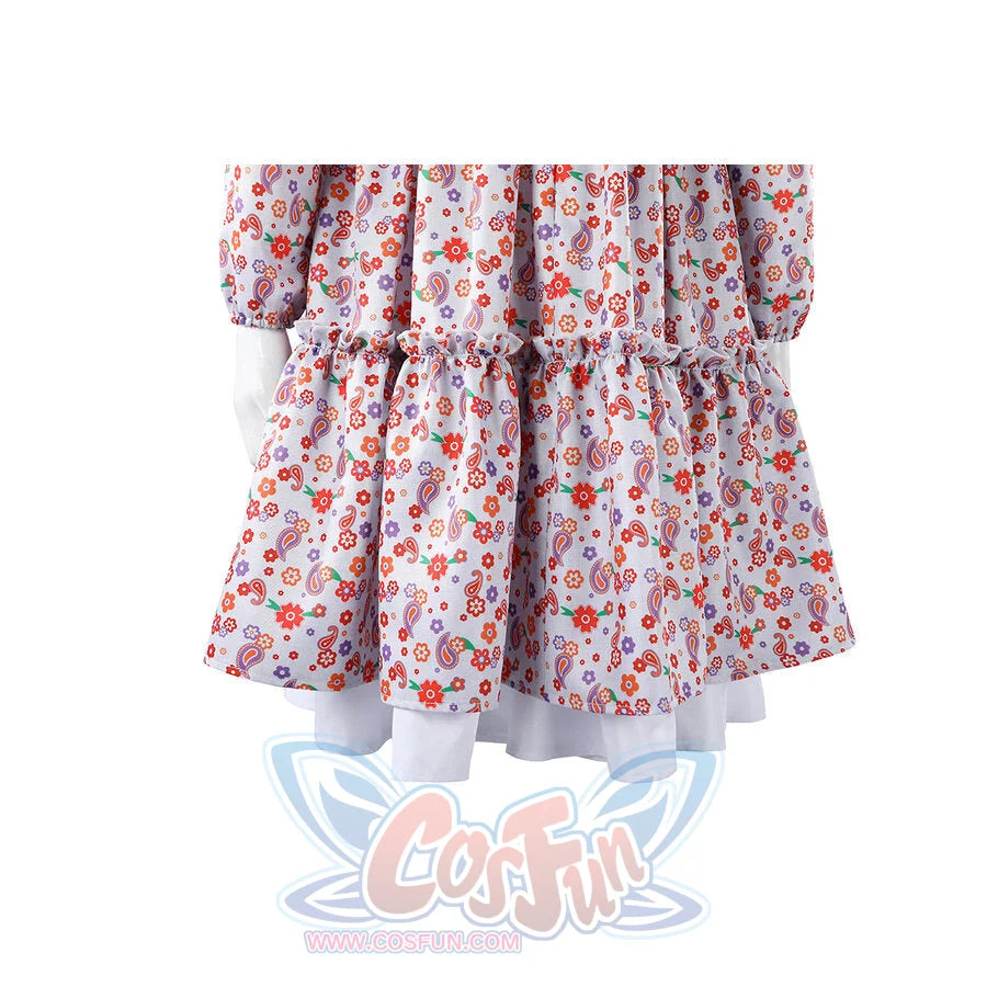 Laura cosplay dress tiered skirt with floral print and white ruffle hem underskirt detail.