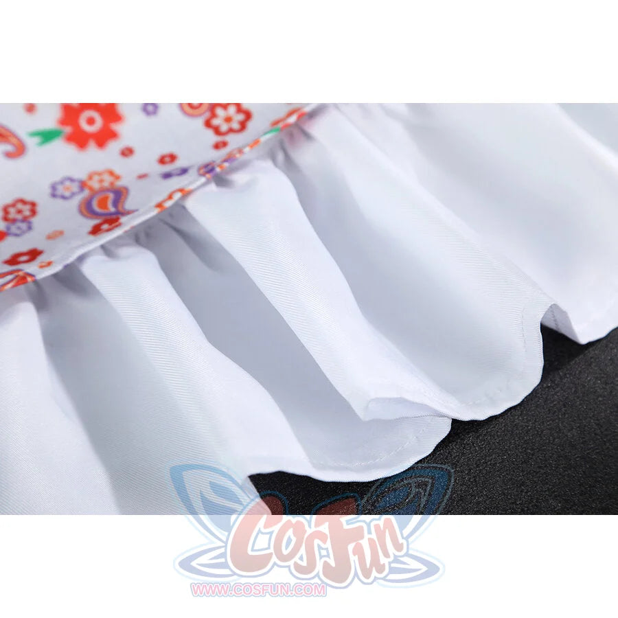 Laura cosplay dress close-up of white tiered ruffle hem underskirt edge detail with texture.