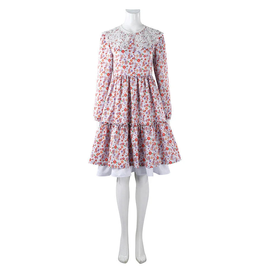 Laura cosplay full-length floral dress with lace collar, long sleeves, and tiered ruffle skirt.