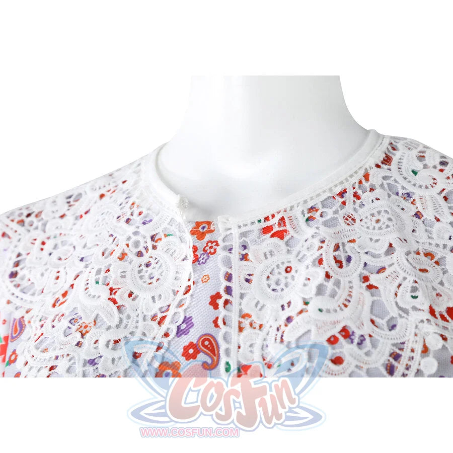 Laura cosplay dress intricate white lace collar detail with delicate floral pattern stitching.
