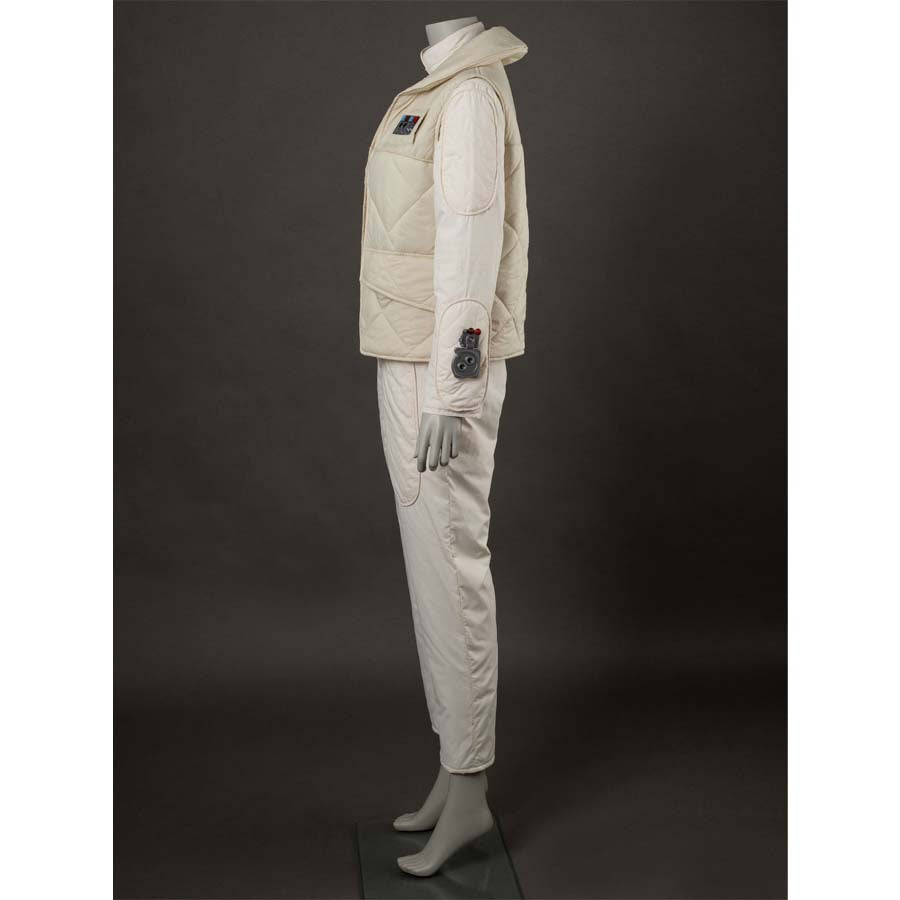 Side view of the costume, revealing the hooded vest&#39;s side details and the attached accessory on the jumpsuit sleeve.
