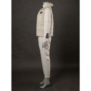 Side view of the costume, revealing the hooded vest's side details and the attached accessory on the jumpsuit sleeve.
