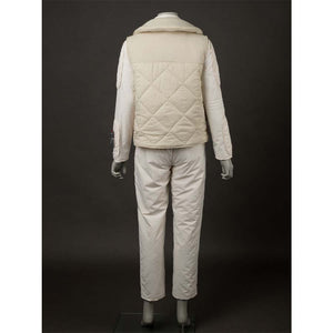 Back view, showcasing the quilted pattern of the vest and jumpsuit. Highlights the hood and the overall back design.