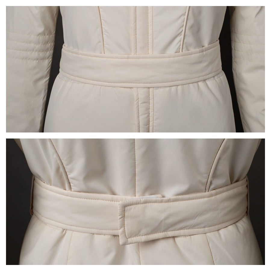 Features the belt of the beige jumpsuit. Shows front and back views of the belt’s design and how it fastens.