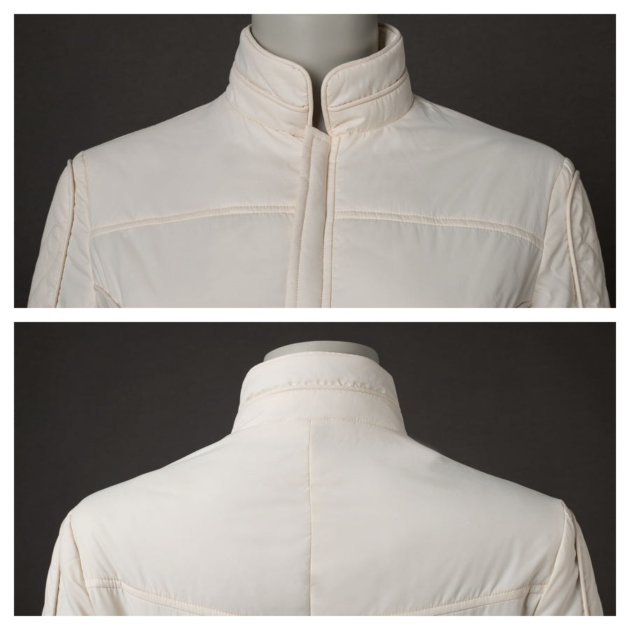 Focuses on the collar of the beige jumpsuit. Shows front and back views of the collar’s structure and stitching.