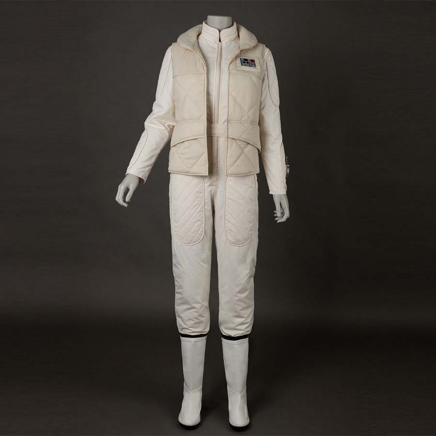 Front view of Leia Organa Solo Cosplay Costume, featuring a beige quilted vest over a matching jumpsuit, with a rank insignia on the vest.