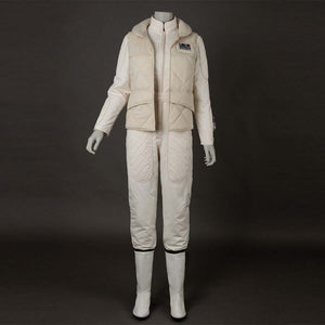 Front view of Leia Organa Solo Cosplay Costume, featuring a beige quilted vest over a matching jumpsuit, with a rank insignia on the vest.