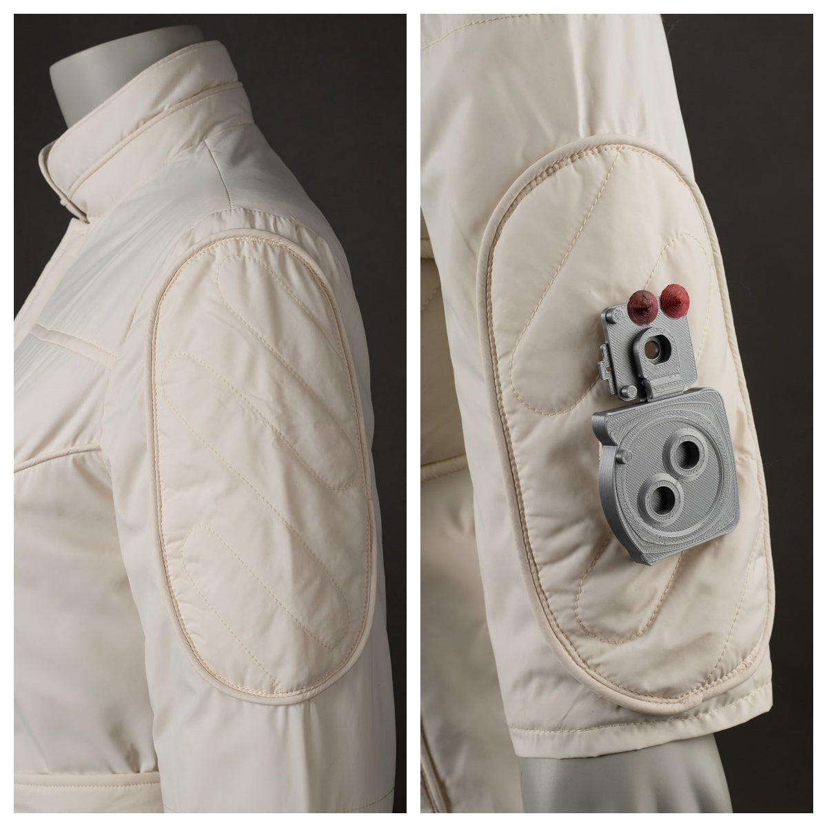 Shows the shoulder pad of the beige jumpsuit, with and without the attached accessory. Highlights the pad’s design and the accessory’s features.