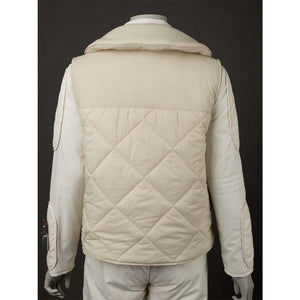Back view of the vest over the jumpsuit, showcasing the quilted pattern and the hood. Highlights the overall back design.