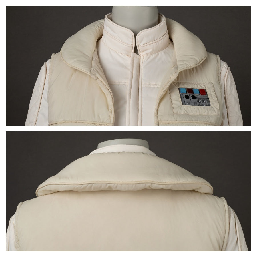 Shows the beige quilted vest of Leia Organa Solo costume, front with rank insignia visible, back plain. Highlights vest’s collar and insignia design.