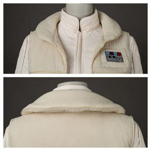 Shows the beige quilted vest of Leia Organa Solo costume, front with rank insignia visible, back plain. Highlights vest’s collar and insignia design.
