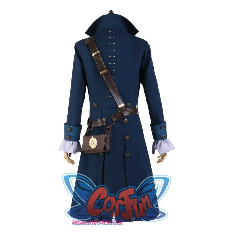 Rear display of the Lies of P cosplay costume, featuring the blue coat’s back design, straps, and the detailed pouch with a golden emblem.