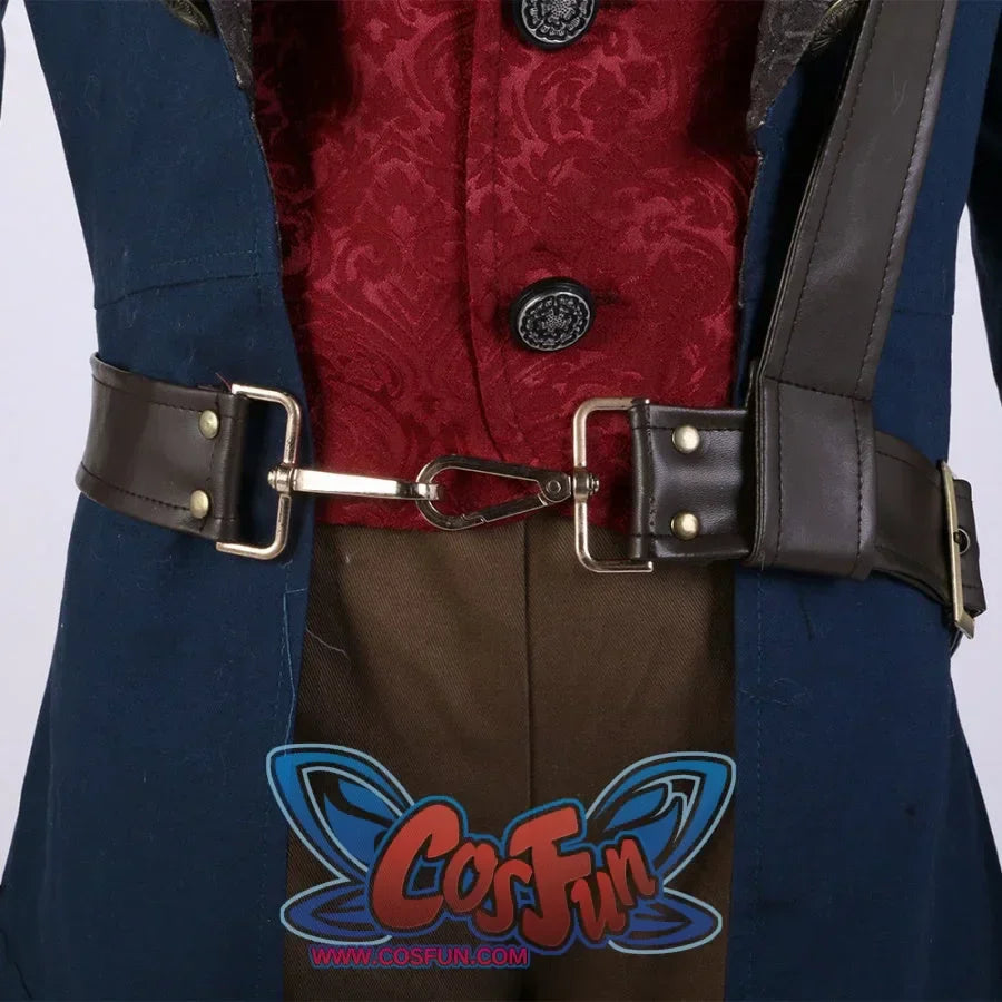 Close-up of the brown leather belt with metal clasp on the Lies of P cosplay costume, paired with a patterned red vest.