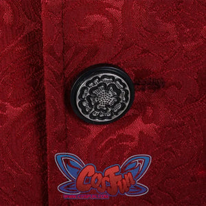 Extreme close-up of the ornate, embossed button on the red patterned vest of the Lies of P cosplay costume.