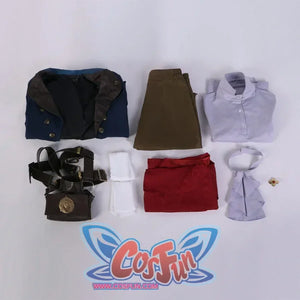 Arranged display of all components of the Lies of P cosplay costume, including coat, pants, shirt, vest, straps, pouch, and accessories.