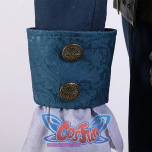 Close-up of the blue patterned cuff with bronze buttons on the Lies of P cosplay coat, paired with a ruffled purple sleeve.