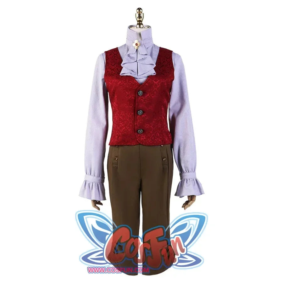Full-front display of the Lies of P cosplay vest and shirt, featuring a red patterned vest, light purple shirt, and brown pants.