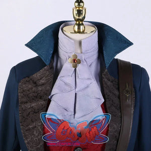 Close-up of the Lies of P cosplay costume’s neckline, highlighting the ruffled shirt, golden flower - shaped brooch, and patterned inner coat.