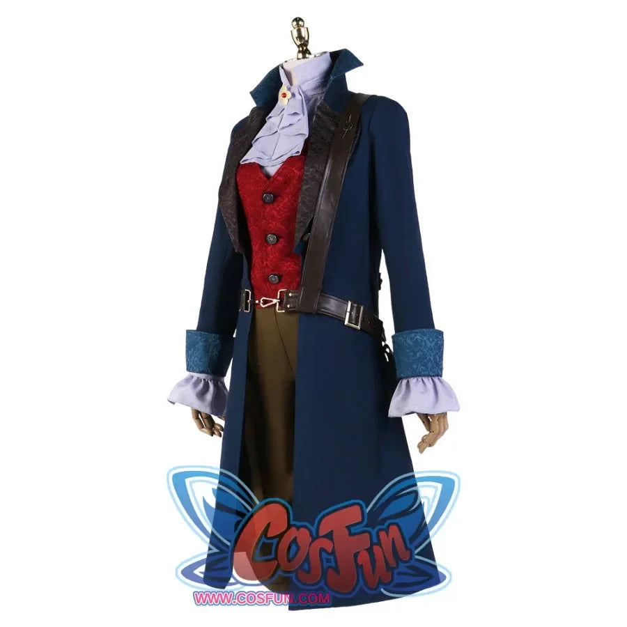 Full-front display of the Lies of P cosplay costume, featuring a blue coat, red vest, ruffled shirt, brown pants, and decorative straps.