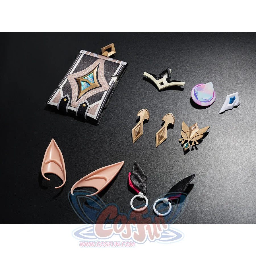Genshin Impact Linnea cosplay all accessories flat lay including elf ears, book bag, and pins