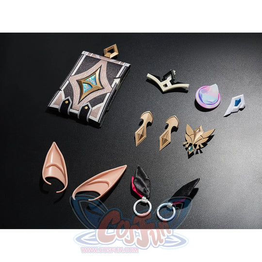 Genshin Impact Linnea cosplay all accessories flat lay including elf ears, book bag, and pins