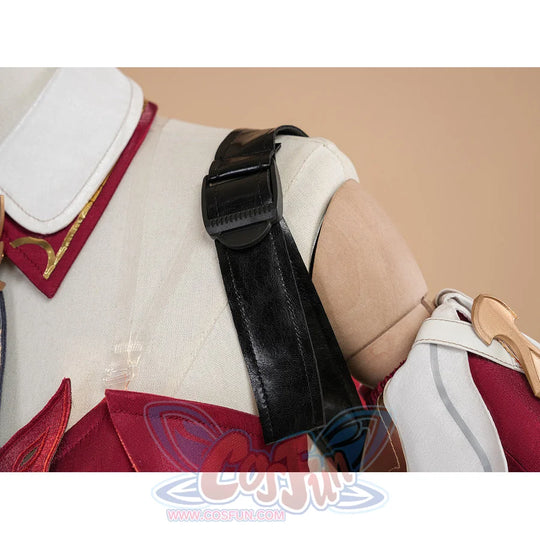 Genshin Impact Linnea cosplay back view showing black backpack strap on white coat