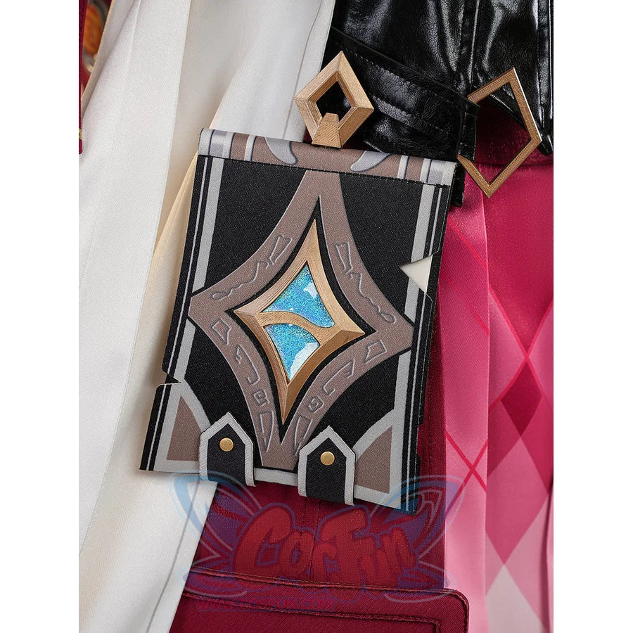 Genshin Impact Linnea cosplay book bag accessory with gold diamond gem close-up