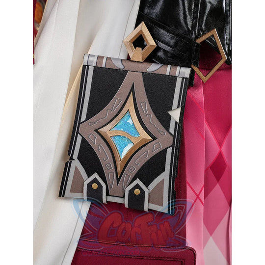 Genshin Impact Linnea cosplay book bag accessory with gold diamond gem close-up