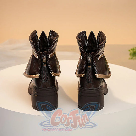 Linnea cosplay boots back view displaying crown-shaped top, center zipper, and gold accent details
