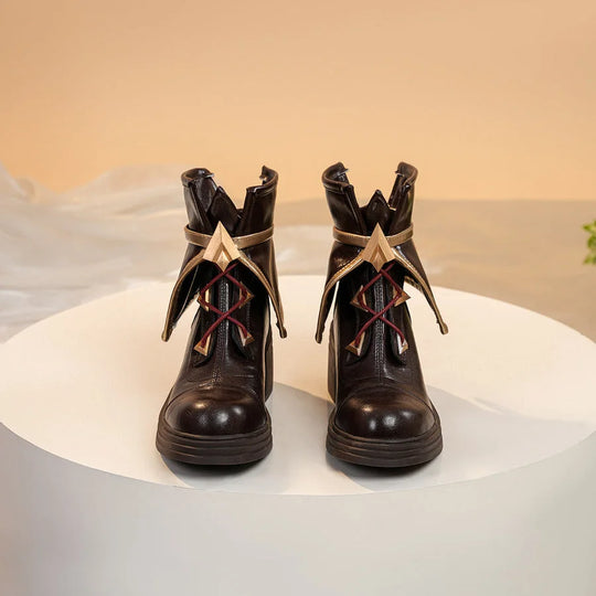 Linnea cosplay boots front view with brown leather, gold star emblems, and red lacing details