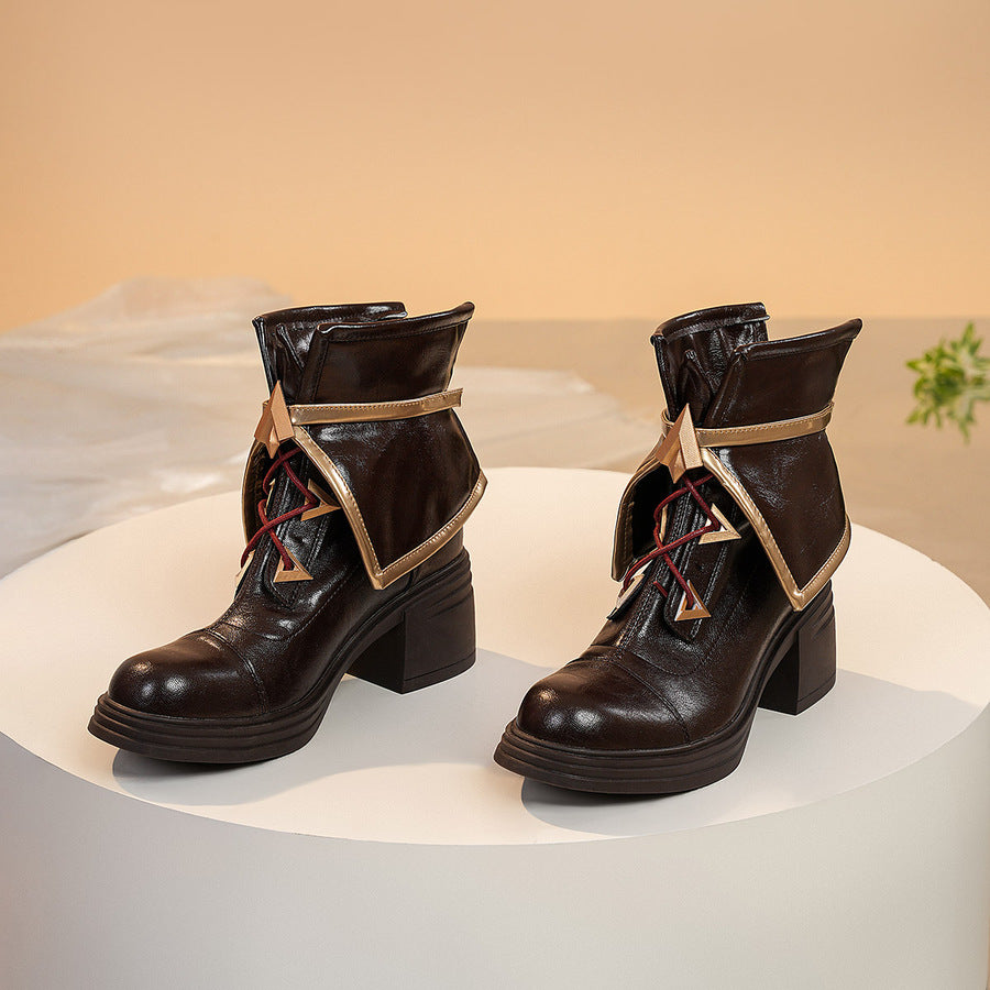 Linnea cosplay boots side view featuring gold ankle bands and decorative star emblem details