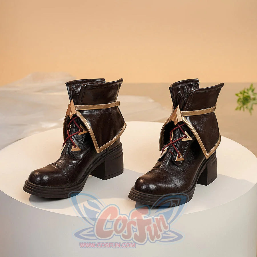 Linnea cosplay boots front view with brown leather, gold star emblems, and red lacing details