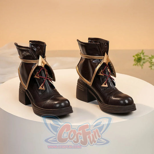 Linnea cosplay boots angled view showing heel design, gold trim, and decorative lacing pattern