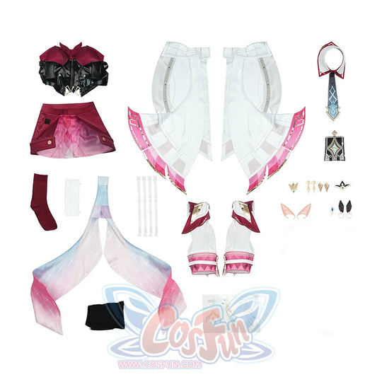 Genshin Impact Linnea cosplay complete costume flat lay showing all included pieces