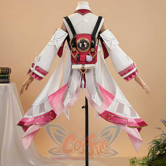 Genshin Impact Linnea cosplay costume back view with round backpack on mannequin