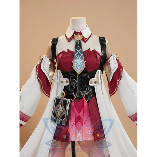 Genshin Impact Linnea cosplay costume chest area close-up showing red corset and blue gem