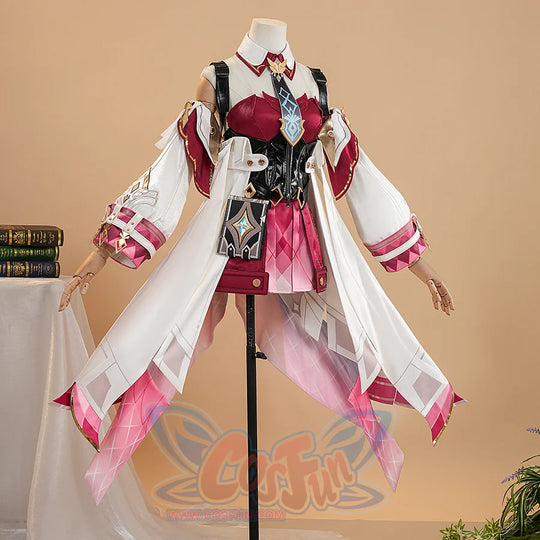 Genshin Impact Linnea cosplay costume full set with book bag accessory on mannequin